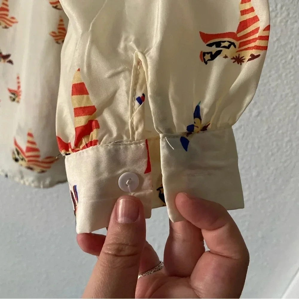 Colorful Bird Blouse Boho Cottagecore Americana Patriotic XXL Chiffon Tie Neck